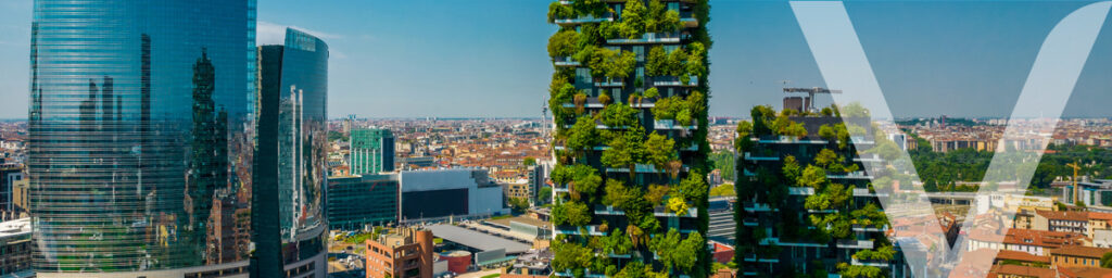 An image of how the Bosco Verticale in Milan is an example of sustainable architecture.