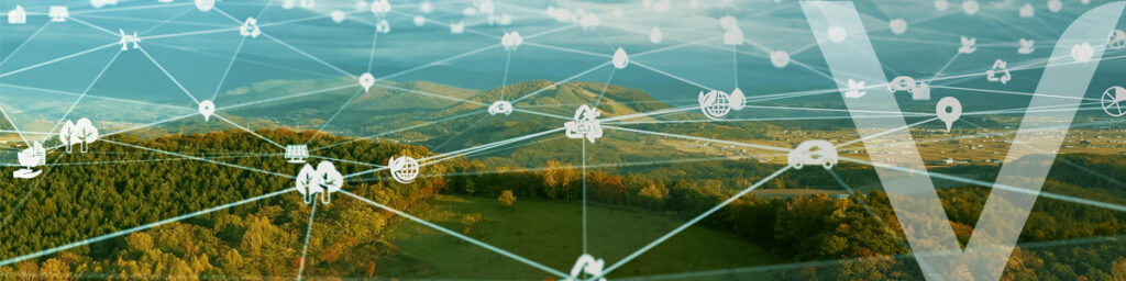 Network of cleantech technologies for sustainability and the environment, showing a connected ecosystem with ecological icons on a green landscape.