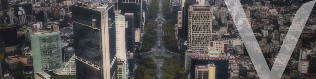 Aerial view of Reforma Avenue in Mexico City at sunset, highlighting how urban planning and value engineering transform sustainable infrastructure development. 